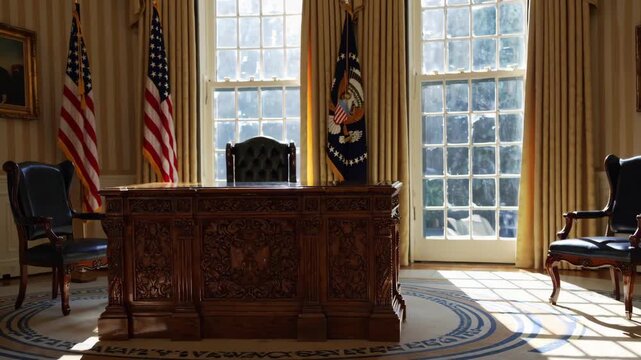 A cinematic interior shot of the Oval Office, highlighting the Resolute Desk and historic presidential d&eacute;cor in soft morning light.