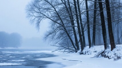Frozen river landscape with snow covered trees