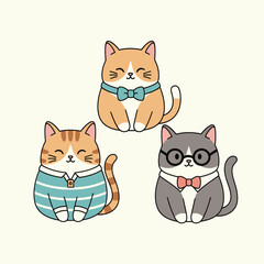 Fototapeta premium Three Adorable Cartoon Cats with Distinctive Accessories and Charming Expressions.