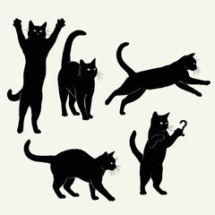 Silhouette of Black Cats in Various Poses on White Background.