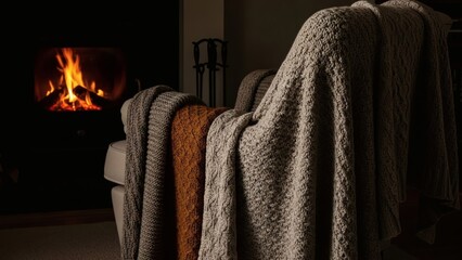 Cozy blankets by the fireplace on a chilly evening