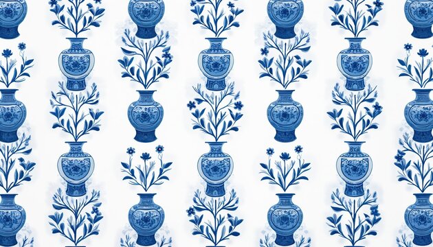 Blue, white porcelain vases with floral motifs create seamless repeating pattern. Ideal for wallpaper fabric design, ornamental illustration offers classic aesthetic for decor. Art style conveys