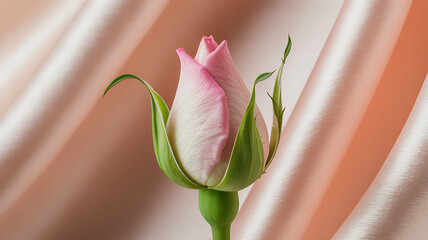 Delicate pink rosebud with green leaves on soft fabric background