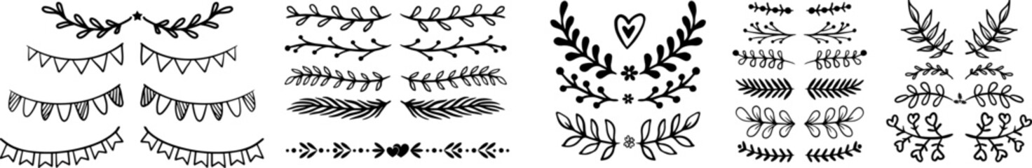 Christmas Hand Drawn Divider Set,Hand drawn ornamental winter holiday text decor border, Xmas floral underline, ornamental wedding card doodle separator with fir and holly branches