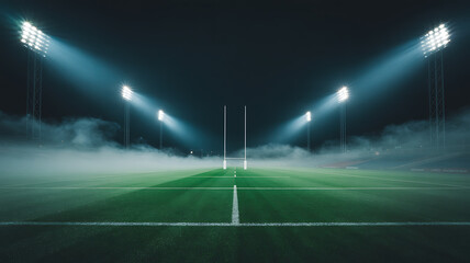 Rugby stadium at night with fog and lights
