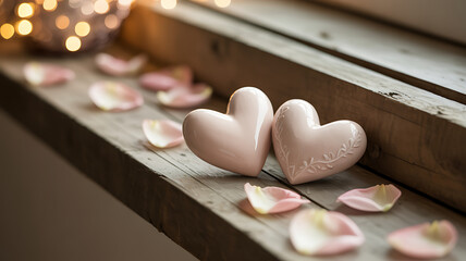 Romantic pink heart ornaments on wooden stairs with rose petals