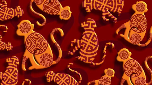 Intricate Monkey Zodiac Symbol Red Gold Seamless Pattern