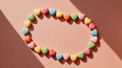 Colorful heart candies arranged in circle on pink background