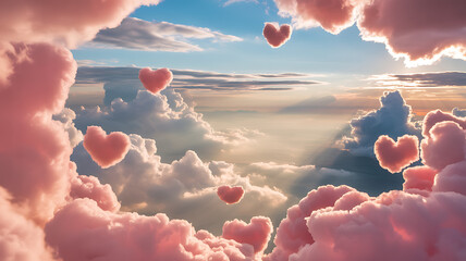 Pink heart shaped clouds float gently in sky
