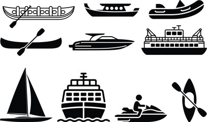 A collection of black and white silhouettes representing different types of boats and watercraft
