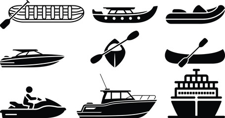 A collection of watercraft icons representing various types of boats and marine vessels © candysartistry
