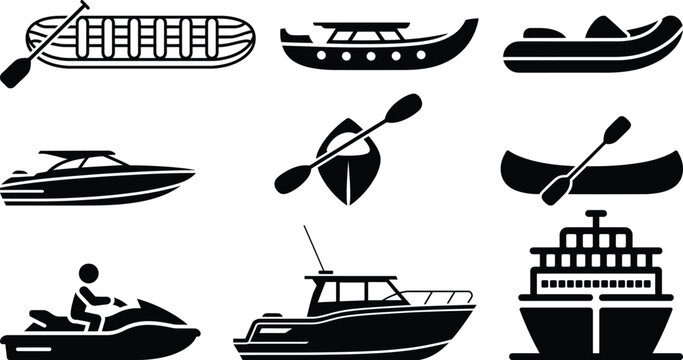 A collection of watercraft icons representing various types of boats and marine vessels