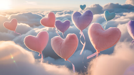 Pastel heart balloons floating above fluffy white clouds at sunrise