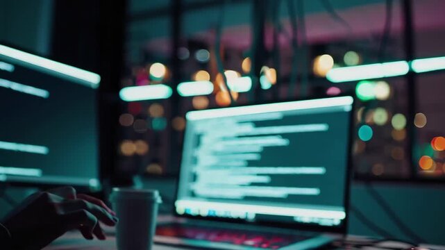 A software developer types intensely on a laptop late at night in a dim, neon-lit room.