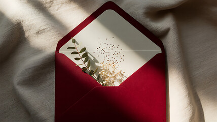 Romantic red envelope with flowers inside