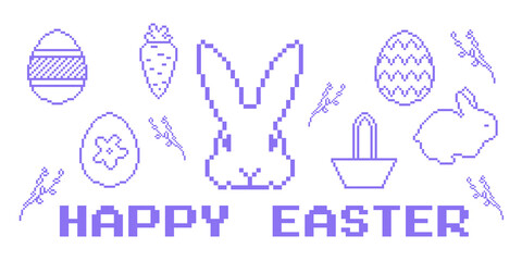 Bright purple Easter pixel art with bunny silhouette, decorated eggs, basket, carrot and spring branches. Retro 8-bit holiday design on white background with clean white icons. Delicate cute design