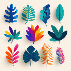 Colorful Tropical Leaves Collection in Modern Flat Vector Style
