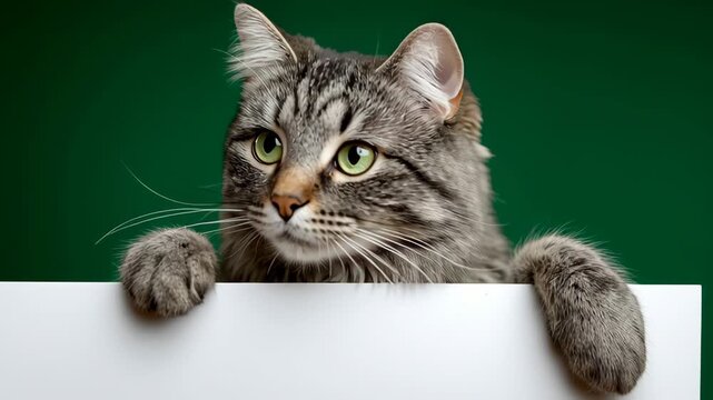 Playful feline with striking green eyes peeks over a blank surface, showcasing curiosity and charm, as the camera smoothly zooms in to capture the adorable expression