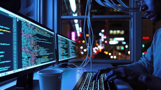 A software developer types intensely on a laptop late at night in a dim, neon-lit room.