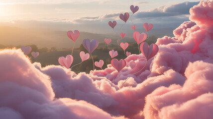 Whimsical pink heart balloons floating above fluffy clouds at sunset