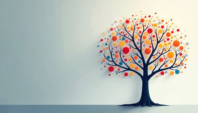 Abstract tree with colorful circular leaves growth, ideas, connections. Vibrant branches spread out, representing creativity, innovation. Perfect for concepts of development, learning, imagination.