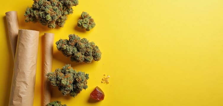 Cannabis buds and rolling papers arranged on yellow background with resin concentrate. Flatlay overhead view shows dried marijuana flower, natural plant material and joint preparation.