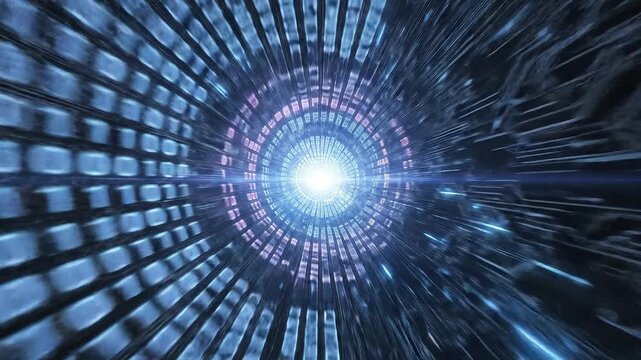 Digital tunnel with binary code and glowing light, futuristic data stream