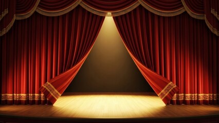 Theater stage with red curtain and spotlight