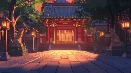 Traditional Japanese Shrine Courtyard at Night with Lanterns. A peaceful Japanese shrine courtyard illuminated by warm lantern light at night, showcasing traditional architecture and stone pathways,