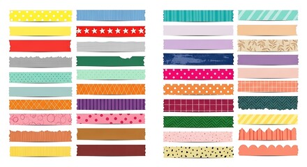 Colorful Washi Tape Strips Collection with Various Patterns and Textures.