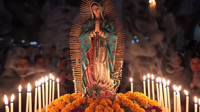 A statue of the Virgen de Guadalupe honored during the December 12 Mexican celebration with candles and offerings.