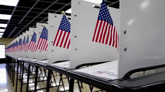 A row of voting booths with American flags set up in a polling place.