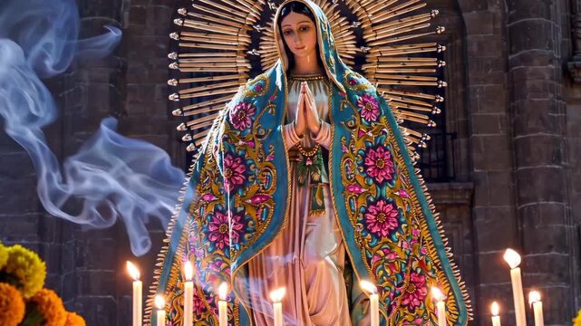 A statue of the Virgen de Guadalupe honored during the December 12 Mexican celebration with candles and offerings.