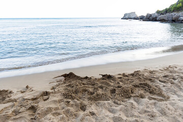 Sandy beach with footprints and gentle waves under clear sky in serene coastal landscape