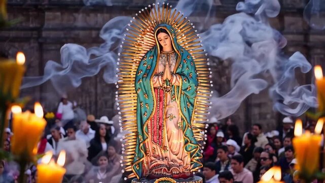 A statue of the Virgen de Guadalupe honored during the December 12 Mexican celebration with candles and offerings.