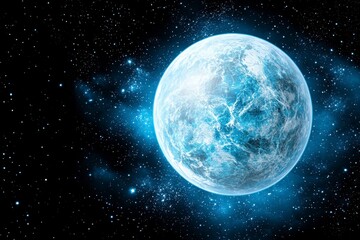 Obraz premium Ethereal Blue Glowing Planet in Dark Starry Space Galaxy Full Spherical View