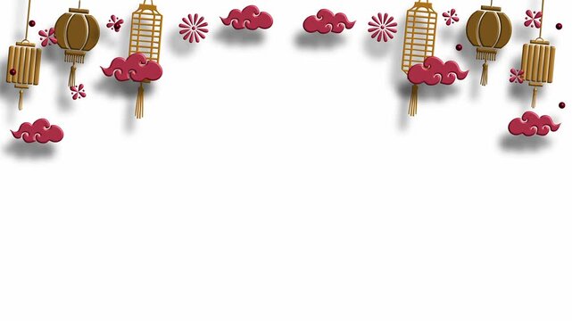 White background with hanging lanterns and cloud decorations