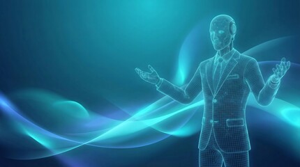 Fototapeta premium A futuristic concept of an AI robot businessman with open arms in a welcoming or successful pose. The glowing blue wireframe design illustrates positive impact, benefits, and corporate achievement. Th
