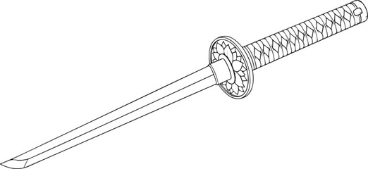 Detailed line art illustration of a Japanese Katana sword with a traditional handle wrap and circular guard, presented in a clean, minimalist vector graphic style
