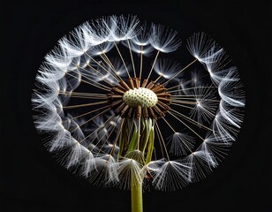 Close-up of a dandelion seed head, dark backdrop, showcasing delicate detail