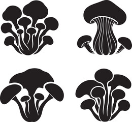 Assortment of modern mushroom fungi illustrations, presented as crisp, clean silhouettes, ideal for digital design resources and print media