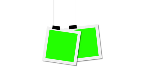 Two Hanging Instant Photo Frames Mockup with Bright Green Screen Isolated on White Background for Memory and Design Display