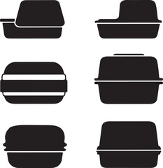 Collection of silhouette icons representing food containers and takeout boxes, perfect for graphic design projects and food service branding