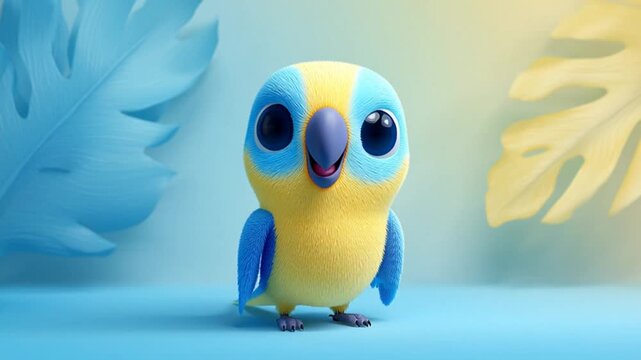 A charming cartoon baby parrot stands playfully on a blue surface with tropical leaves.
