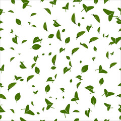 A seamless vector pattern with green leaves evenly scattered on a white background