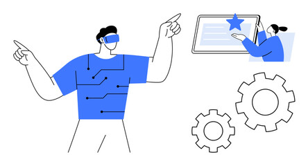 Virtual reality, automation, digital workflow, user interface, human-machine interaction, tech concepts. Man using VR headset, touchscreen interface and gears illustration. Virtual reality