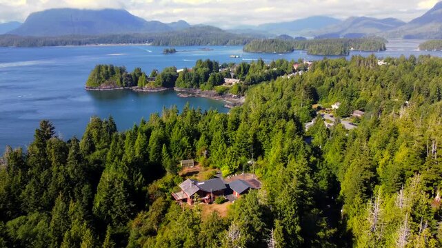 Breathtaking aerial perspective showcases the charming coastal town of tofino on vancouver island, nestled amidst lush forests and the pacific ocean, revealing a picturesque summer scene