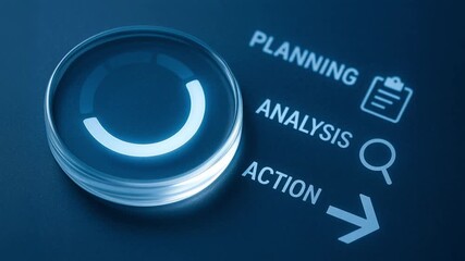 Planning analysis action concept with magnifying glass icon symbolizing business strategy decision process workflow progress circular indicator digital interface project management data visualization - Powered by Adobe