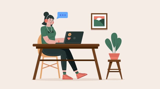 Female Programmer Working on Laptop in Cozy Home Office. Flat graphic animated cartoon