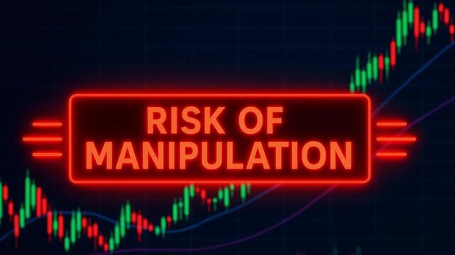 Risk of manipulation warning sign glowing red neon over financial stock market chart with candlestick graph showing market volatility trading risk and trend lines indicating potential market risk